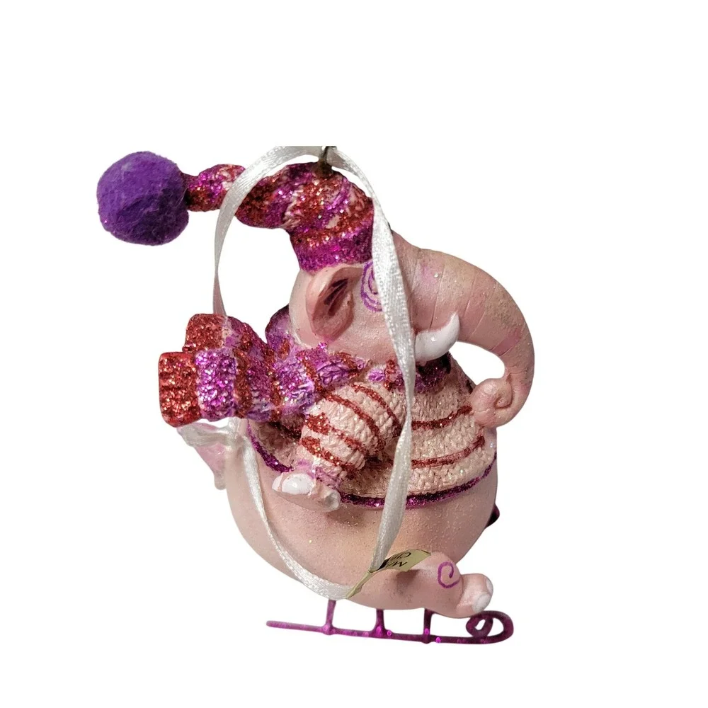 Pink Elephant on Sled Christmas Ornament Glitter Winter Sweater Scarf Festive‎